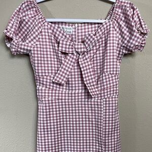 Rowan & Roxana red white Gingham Buffalo Check faux wrap stretch dress, sz S NWT
